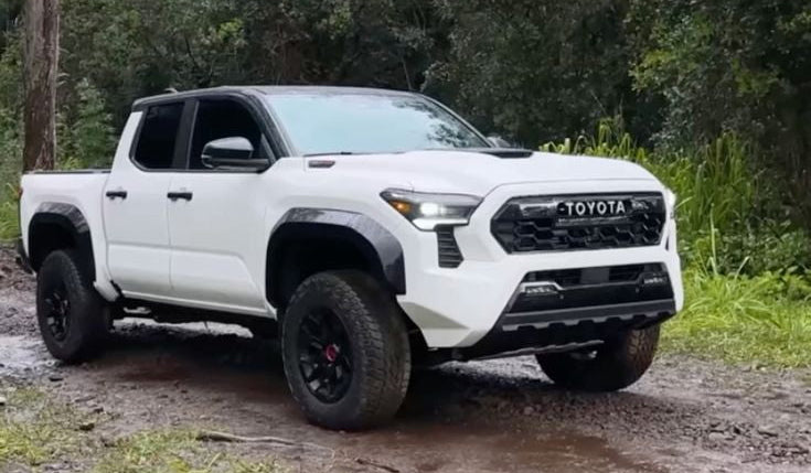 White Toyota truck on a dirt road with greenery in the background